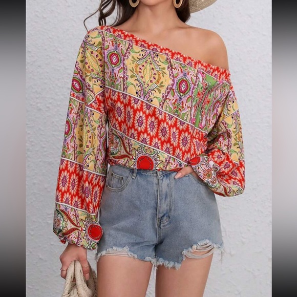 Boho floral print off shoulder lantern sleeve blouse - Picture 12 of 16